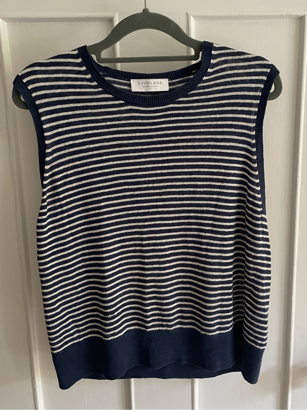 Everlane Navy and White Striped Knit Linen top